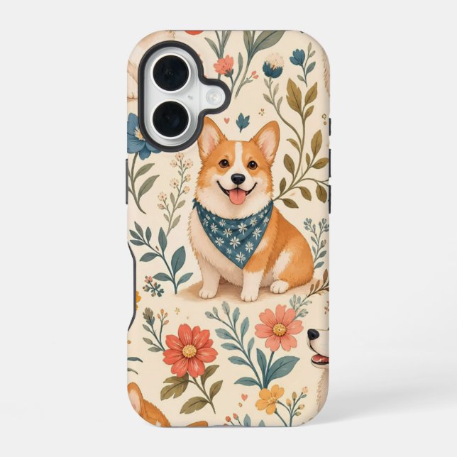Cute Corgi Floral Garden Pattern iPhone 16 Case (Back)