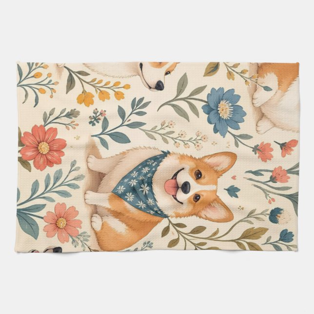 Cute Corgi Floral Garden Pattern Kitchen Towel (Horizontal)