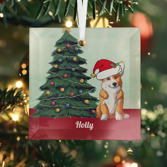 Cute Corgi in Santa Hat Personalized Christmas Glass Ornament (Creator Uploaded)