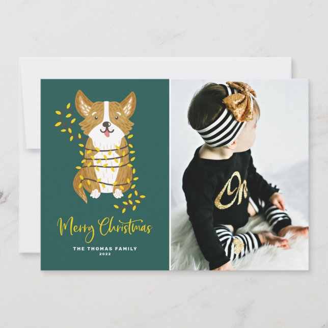 Cute Corgi in String Lights Merry Christmas Photo Holiday Card (Front)