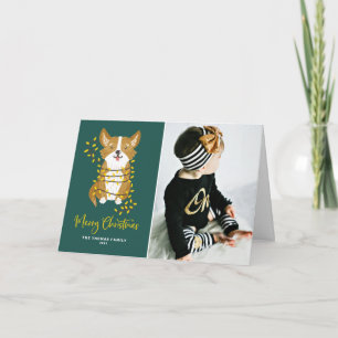 Cute Corgi in String Lights Photo Merry Christmas Holiday Card