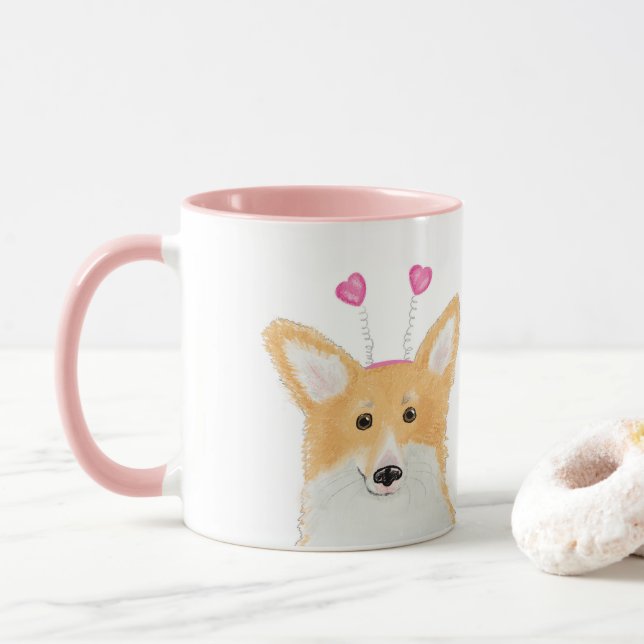 Cute corgi 'Love you more than sausages' pink mug (With Donut)