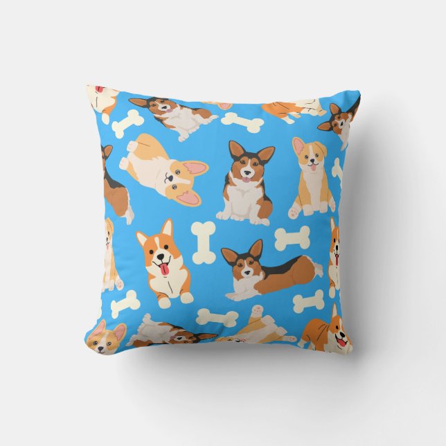 Cute Corgi Pattern Blue Throw Pillow (Front)
