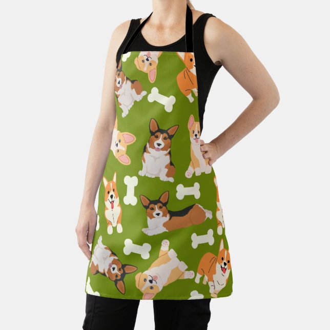 Cute Corgi Pattern Green Apron (Insitu)