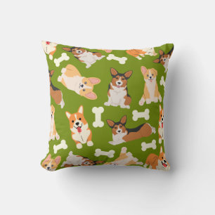 Cute Corgi Pattern Green Throw Pillow