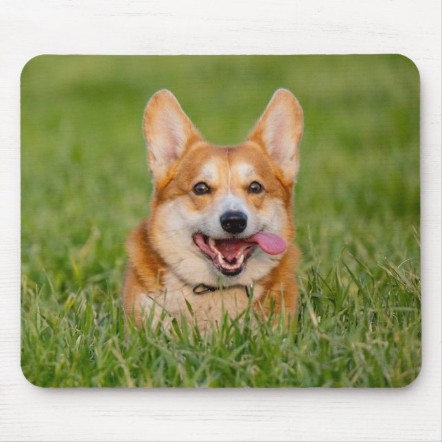 Cute Corgi Playing in the Grass Mouse Pad (Front)