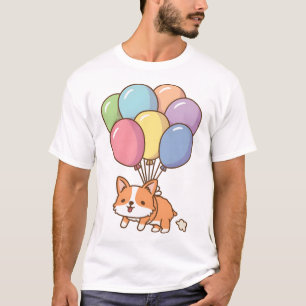 Cute Corgi Poot and Rainbow Balloons Funny  T-Shirt
