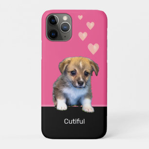 Cute Corgi Puppy Dog & Hearts on Pink & Black iPhone 11 Pro Case