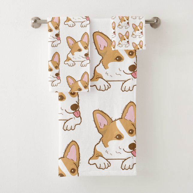 Cute Corgi Puppy Dog Pattern Bath Towel Set (Insitu)
