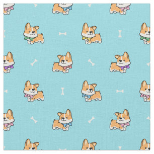 Cute Corgi Puppy Pattern Baby Blue with Dog Bones Fabric