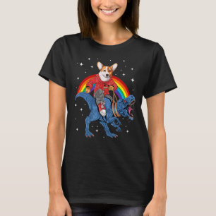 Cute Corgi Riding Dinosaur Rex Space Galaxy Rainbo T-Shirt