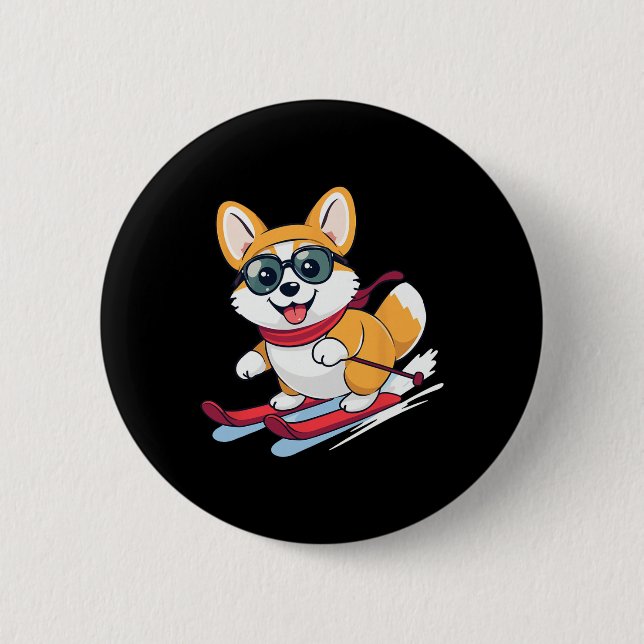 Cute Corgi Skiing  2 Inch Round Button (Front)