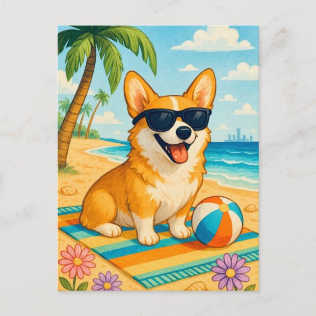 Cute Corgi Sunglasses Palm Beach Postcard (Front)