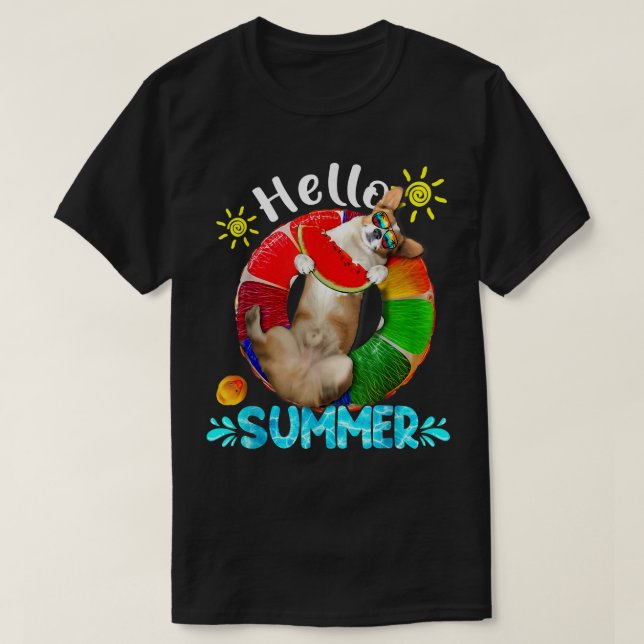 Cute Corgi Swimming Pool Eating Watermelon Hello S T-Shirt (Design Front)