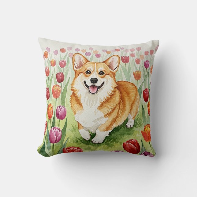 Cute Corgi Tulips Spring Pillow (Front)