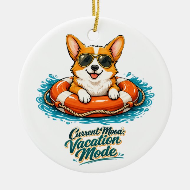 Cute Corgi "Vacation Mode" Summer Design Ceramic Ornament (Front)