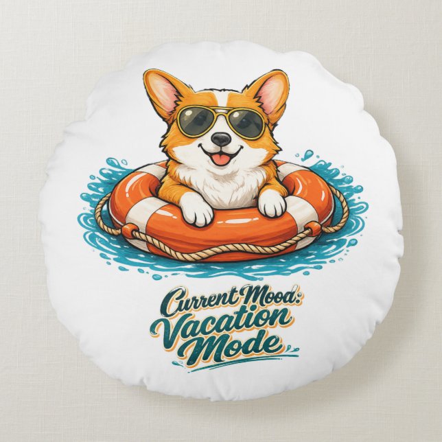 Cute Corgi "Vacation Mode" Summer Design Round Pillow (Front)