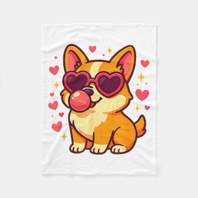 Cute Corgi Valentine Puppy With Heart Sungles  Fleece Blanket (Front)