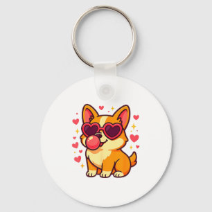 Cute Corgi Valentine Puppy With Heart Sungles  Keychain