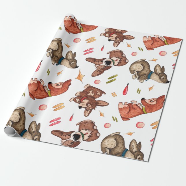 Cute Corgi Watercolor Gift Wrap (Unrolled)