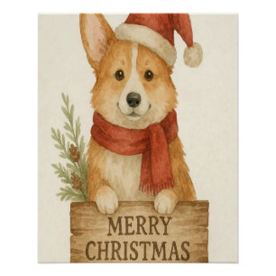 Cute corgi wearing Santa's hat Poster