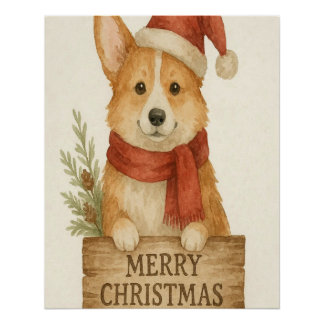 Cute corgi wearing Santa's hat  Poster