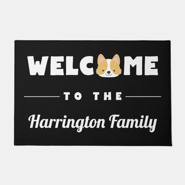 Cute Corgi Welcome Family Name Doormat (Front)