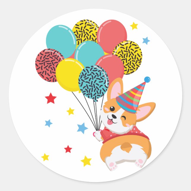Cute Corgi with Balloons Hat Stars Birthday Classic Round Sticker (Front)