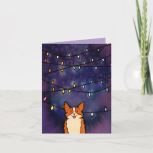 Cute Corgi With Festive Lights Watercolor Holiday Card