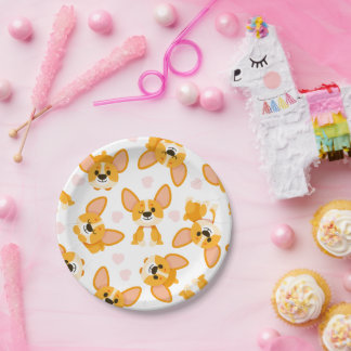 Cute Corgi with Hearts Birthday Paper Plate