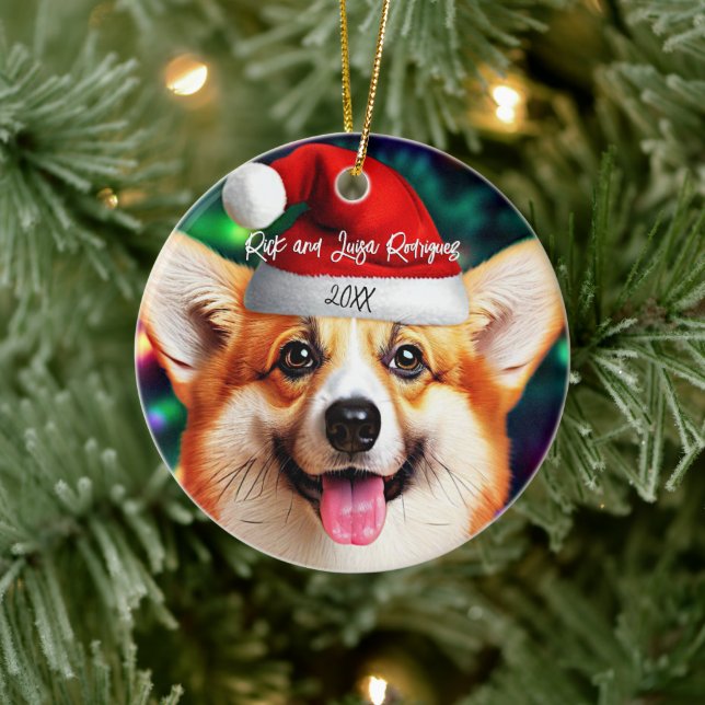 Cute Corgi with Santa Hat Christmas Ceramic Ornament (Tree)