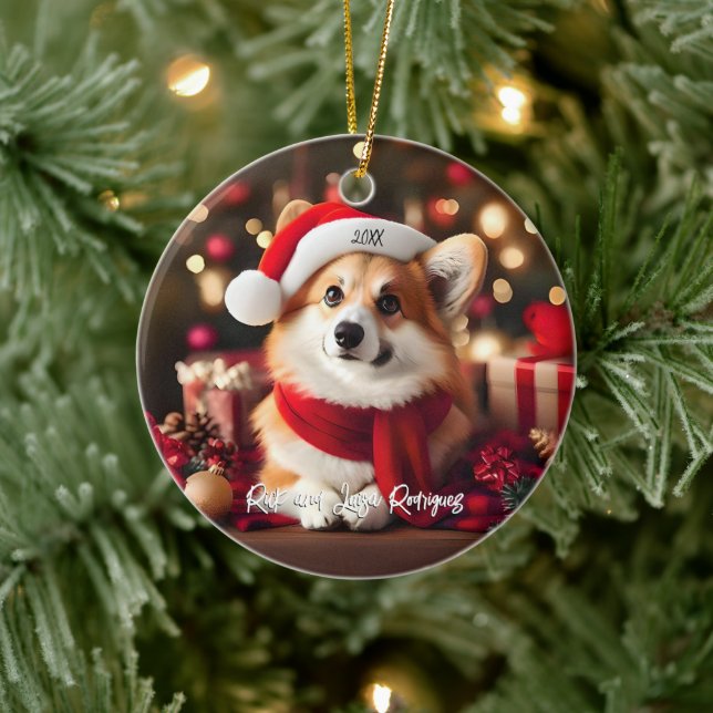 Cute Corgi with Santa Hat Christmas Ceramic Ornament (Tree)
