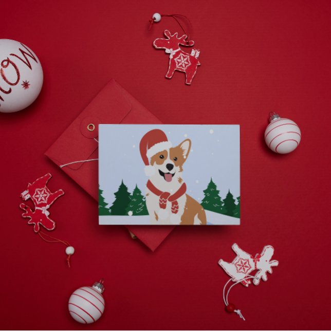 Cute Corgi With Santa Hat in Snow with Trees  Holiday Postcard (Creator Uploaded)