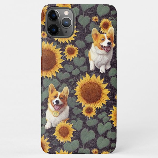 Cute Corgis Enchanted Sunflower Garden Drawing iPhone Case (Back)