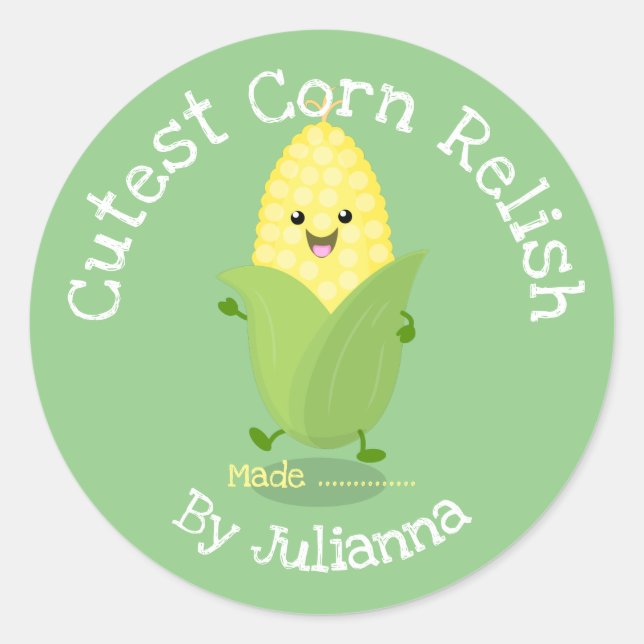 Cute corn relish preserve cartoon label (Front)