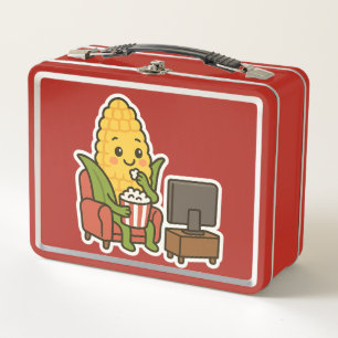 Cute Corn Watching TV with Popcorn  Metal Lunch Box