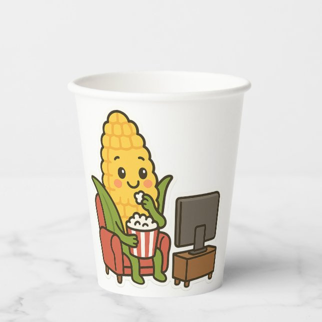 Cute Corn Watching TV with Popcorn Paper Cups (Front)