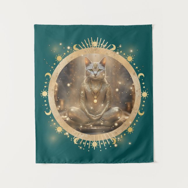 Cute Cosmic Christmas Cat Meditating Tapestry (Front)