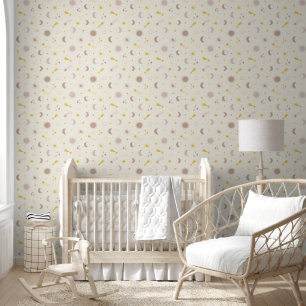 Cute Cosmic Space Sun Moon and Stars on cream Wallpaper