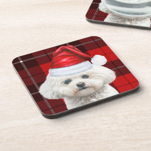 Cute Coton de Tulear Dog Red Holiday Plaid Coaster