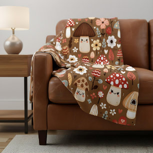 Cute Cottage Core Mushrooms and Flowers Fleece Blanket