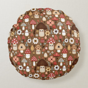Cute Cottage Core Mushrooms and Flowers Round Pillow