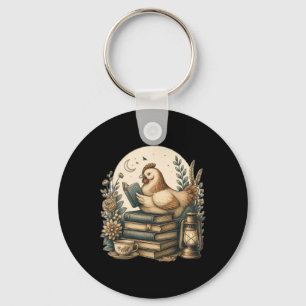 Cute Cottagecore Aesthetic Chicken Reading Book Ne Keychain