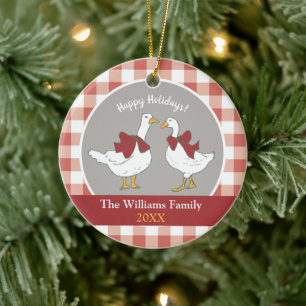 Cute Cottagecore Country Geese Red Grey Ceramic Ornament