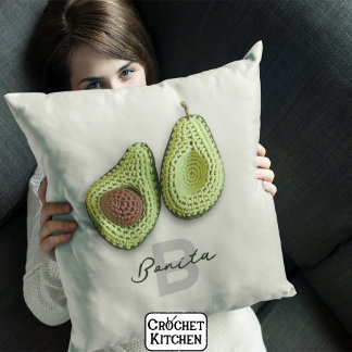 Cute Cottagecore Crochet Avocado Monogram Name  Throw Pillow