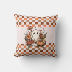 Cute Cottagecore Ghost Fall Halloween Chequerboard Throw Pillow