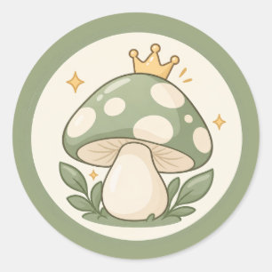 Cute Cottagecore Green Mushroom King Illustration Classic Round Sticker