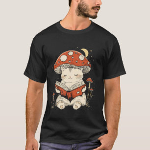 Cute Cottagecore Mushroom Cat Reading a Book T-Shirt