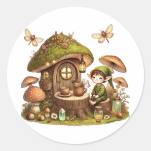 “Cute Cottagecore Mushroom House & Forest Goblin Classic Round Sticker