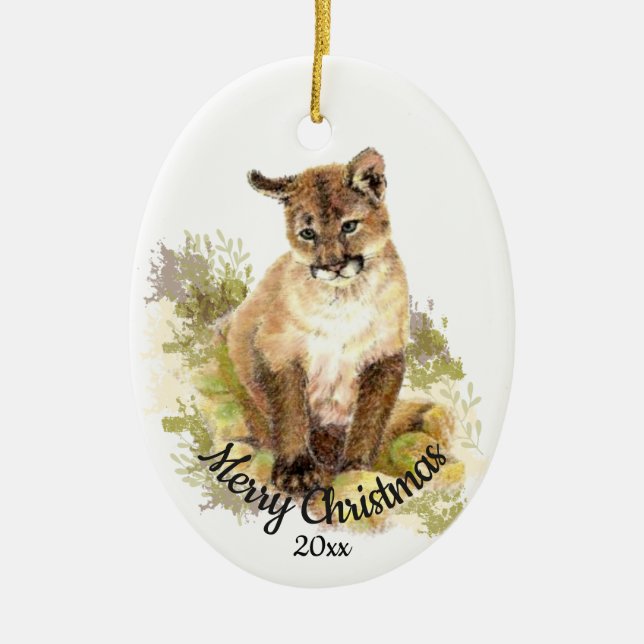 Cute Cougar Mountain Lion Cat Kitten FIERCE QUOTE Ceramic Ornament (Front)